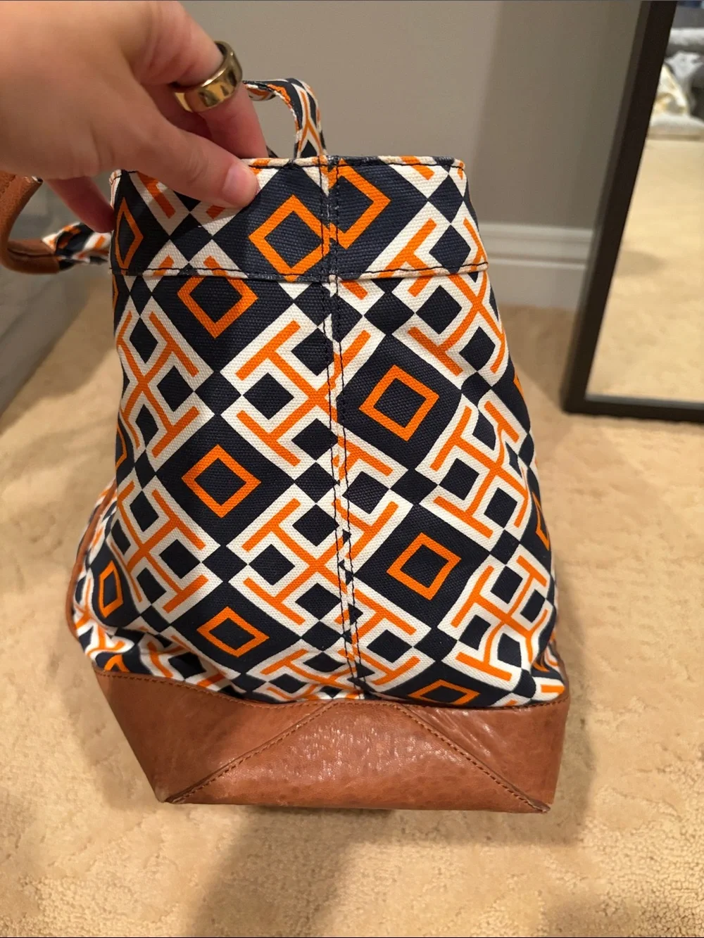 Tory Burch Navy, Orange & White Geometric Canvas Tote with Brown Trim